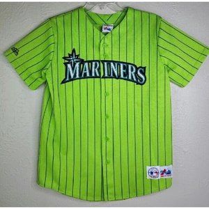 Vintage Majestic Seattle Mariners Youth XL Striped Jersey Applique USA Green